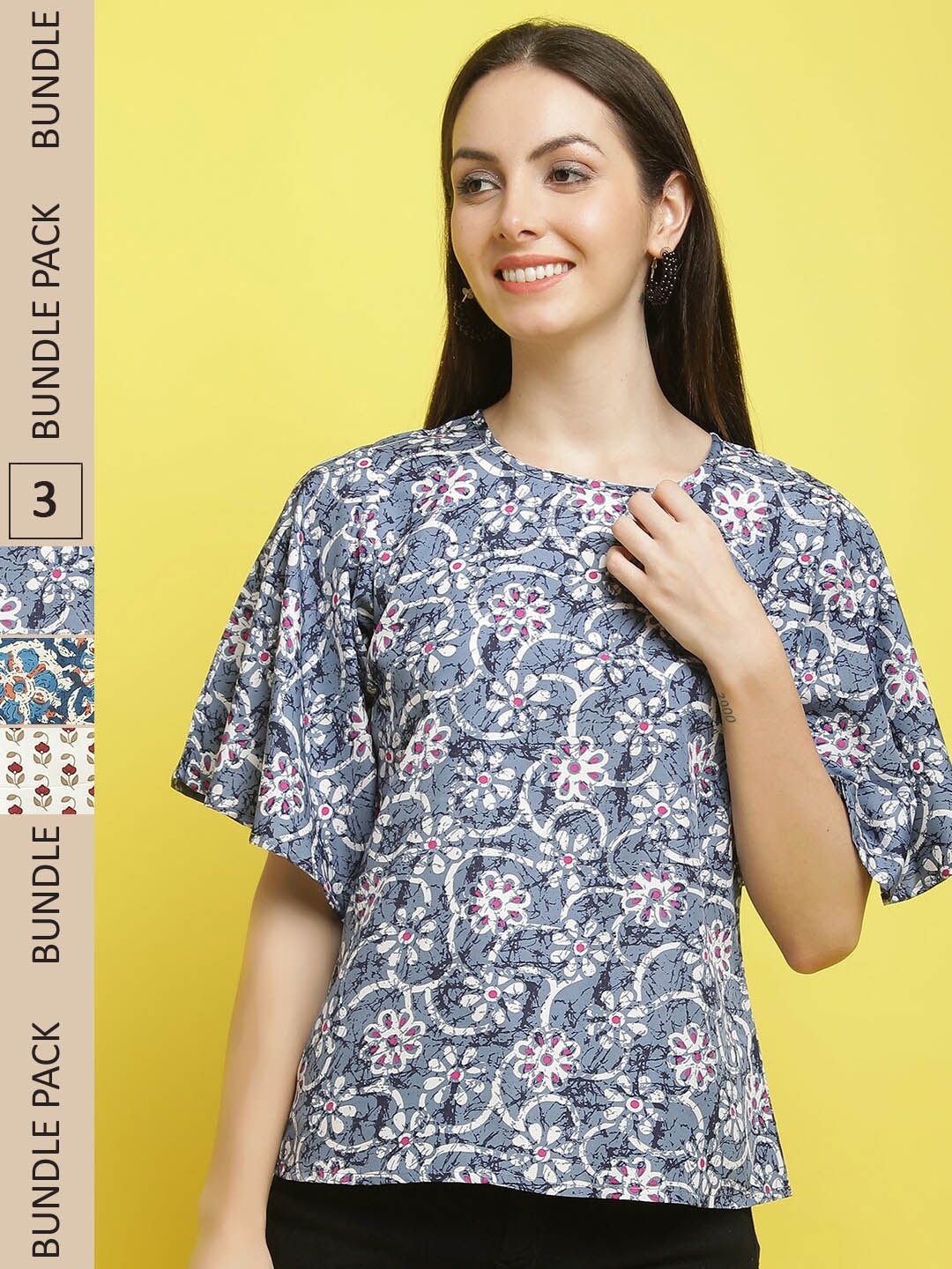 

Poshyaa Pack Of 3 Floral Printed Flared Sleeves Top, Grey