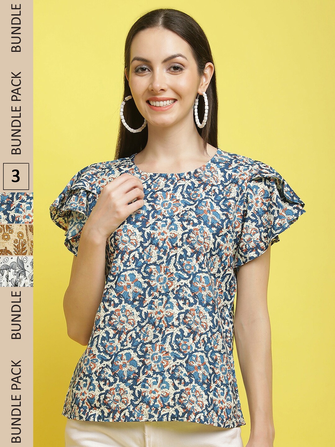 

Poshyaa Pack of 3 Floral Printed Crepe Top, Blue