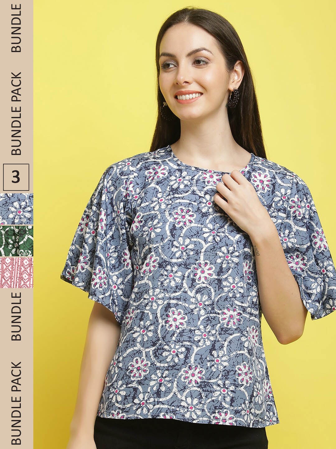 

Poshyaa Pack Of 3 Floral Printed Flared Sleeve Top, Blue