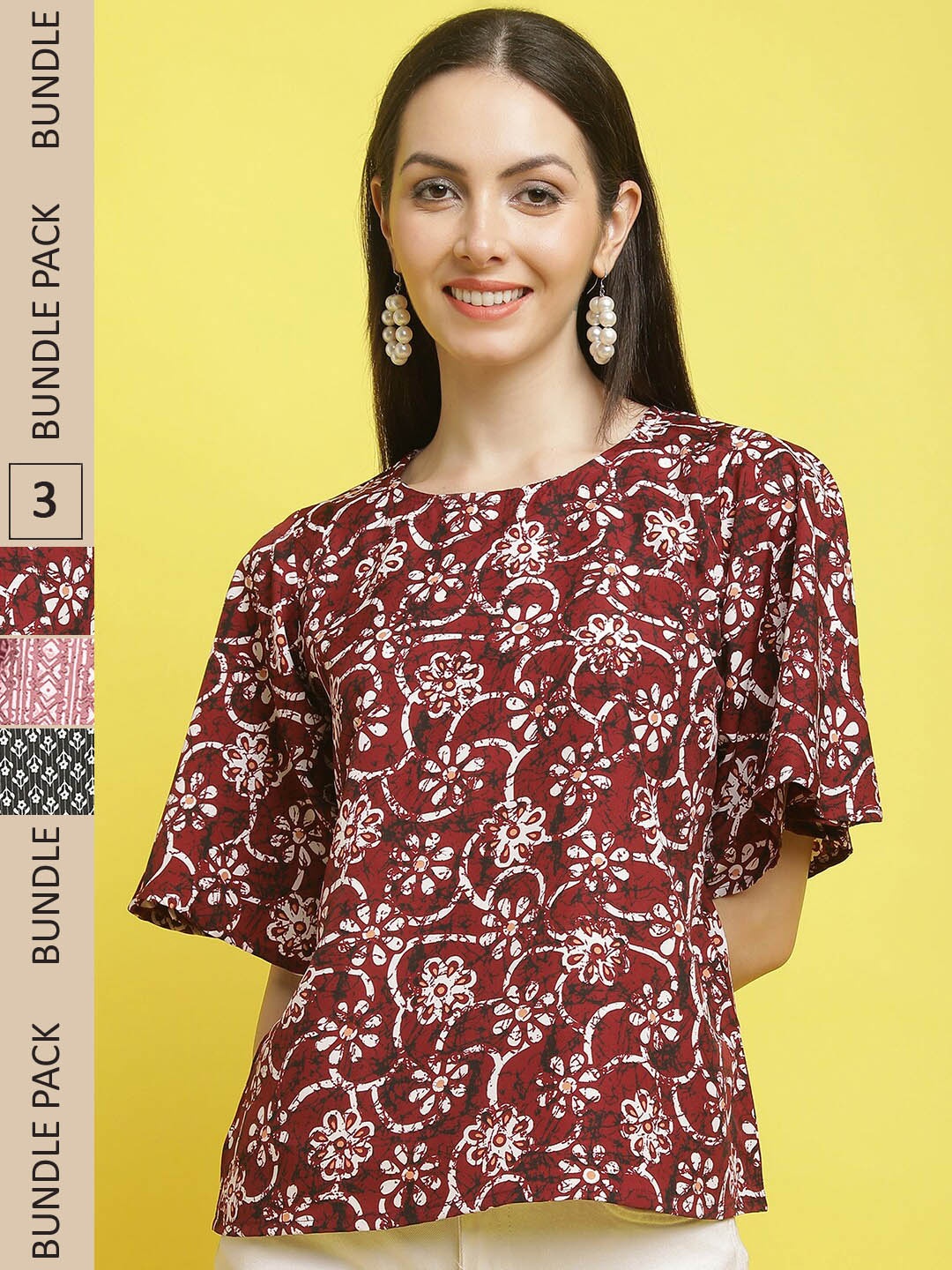 

Poshyaa Pack Of 3 Floral Printed Top, Maroon