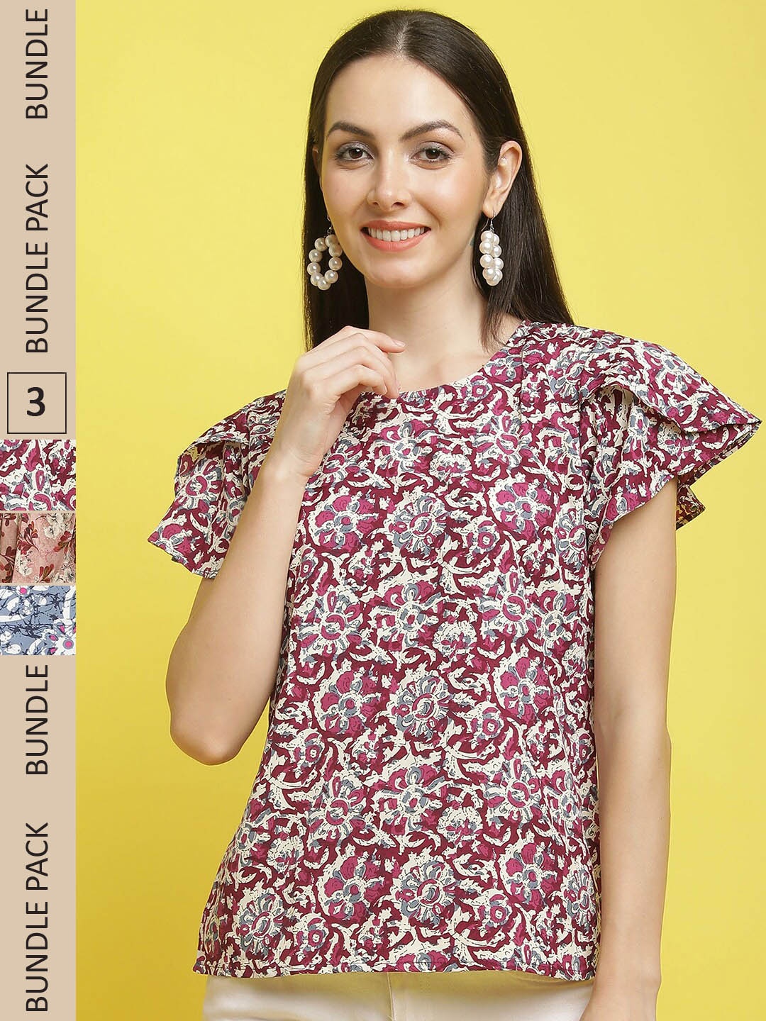 

Poshyaa Pack Of 3 Floral Printed Empire Top, Maroon