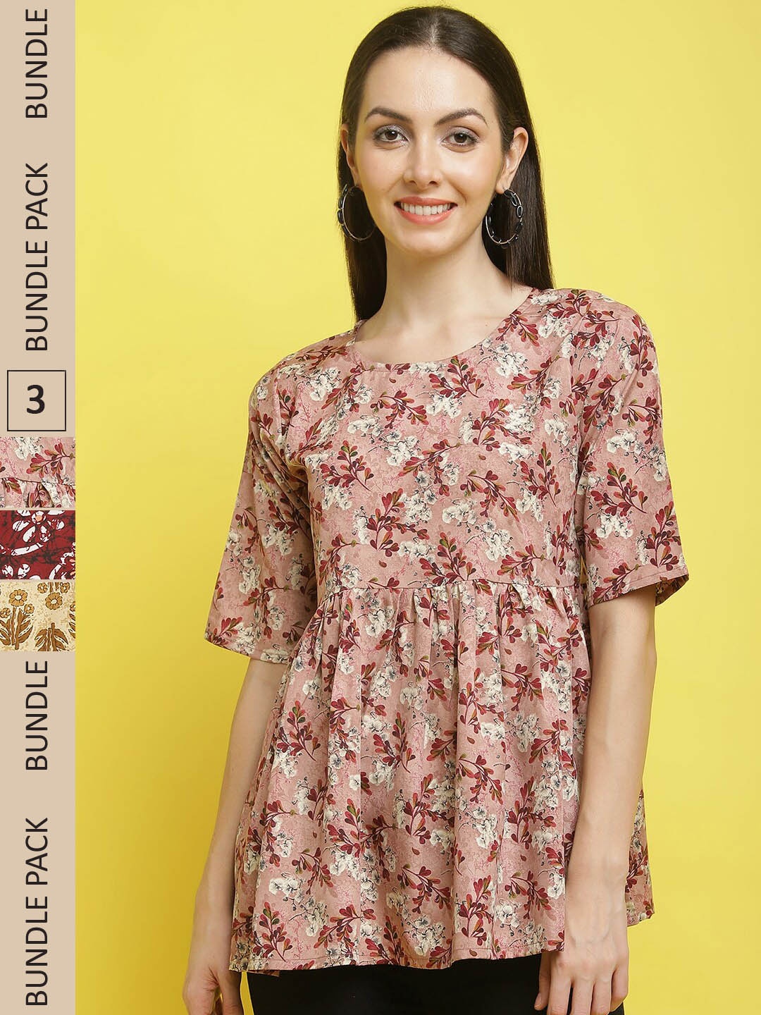 

Poshyaa Pack Of 3 Round Neck Printed Tops, Pink
