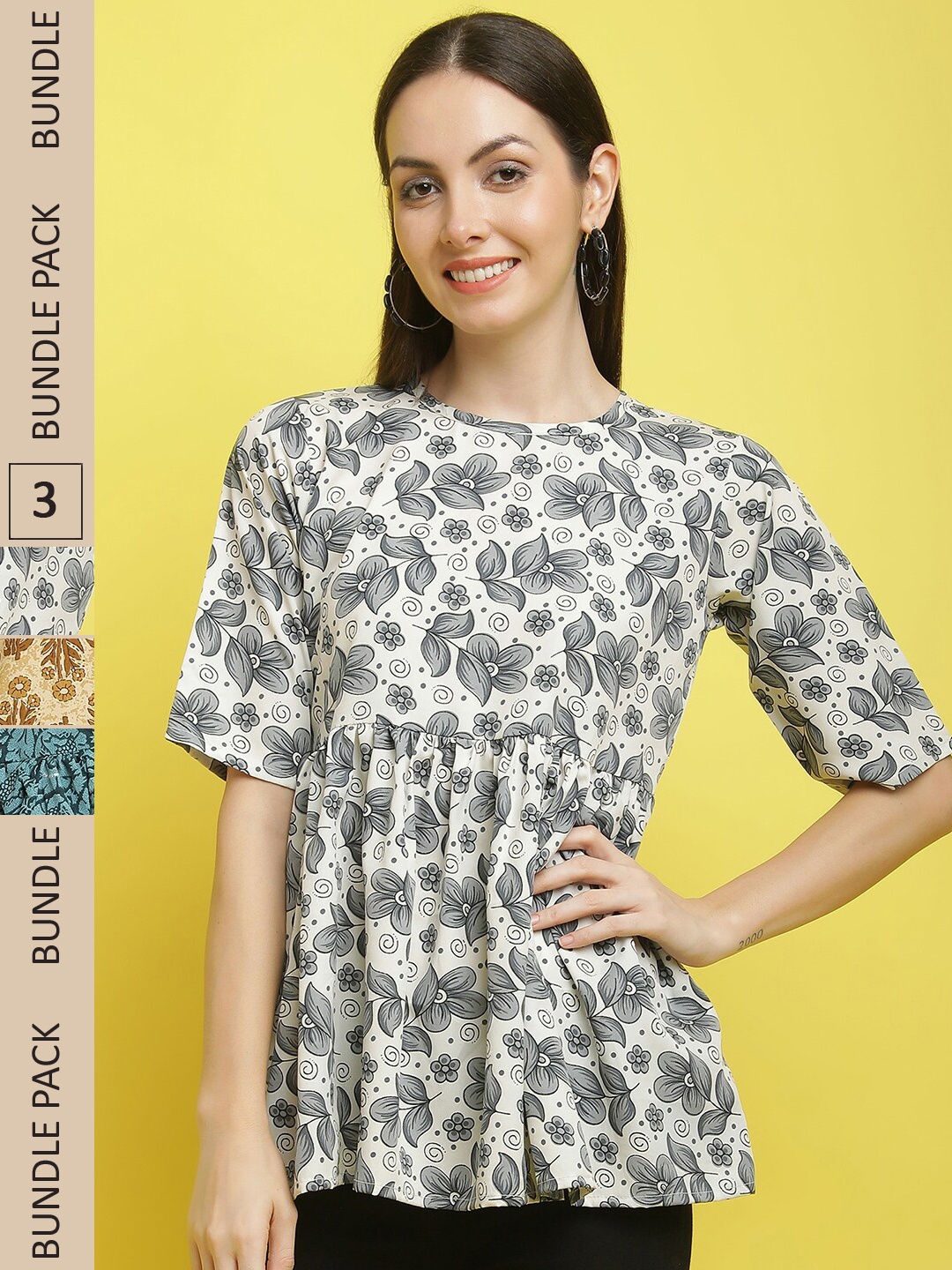 

Poshyaa Pack of 3 Floral Printed Crepe Top, Grey