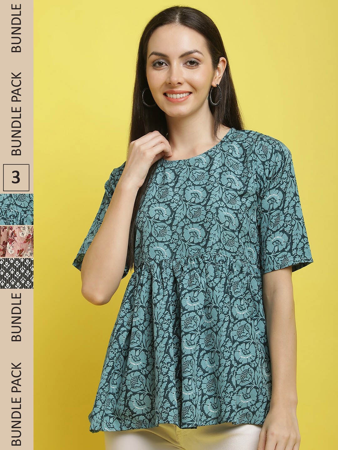 

Poshyaa Pack Of 3 Floral Printed Flutter Sleeves Regular Tops, Teal