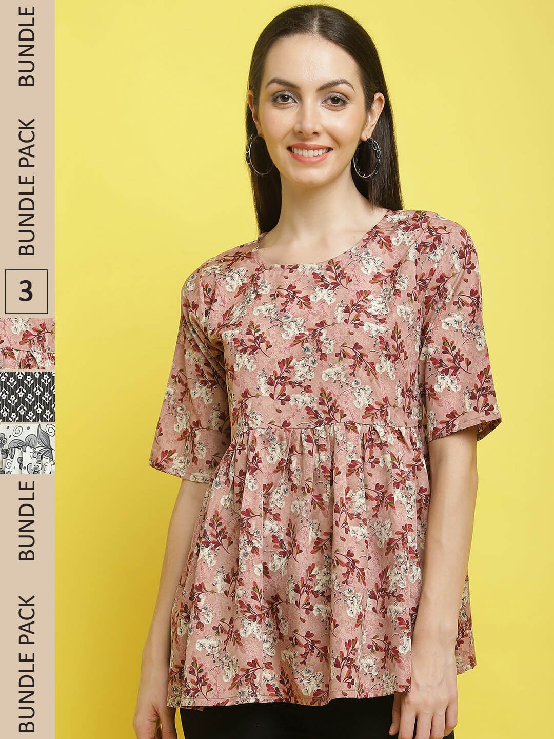 

Poshyaa Pack Of 3 Floral Print Crepe Top, Black
