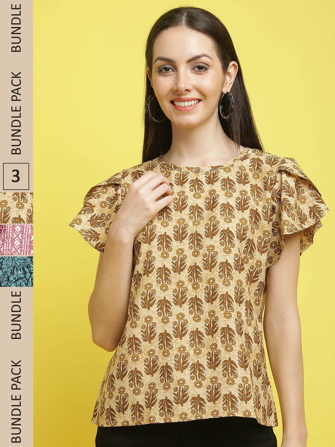 

Poshyaa Pack Of 3 Floral Printed Empire Top, Yellow