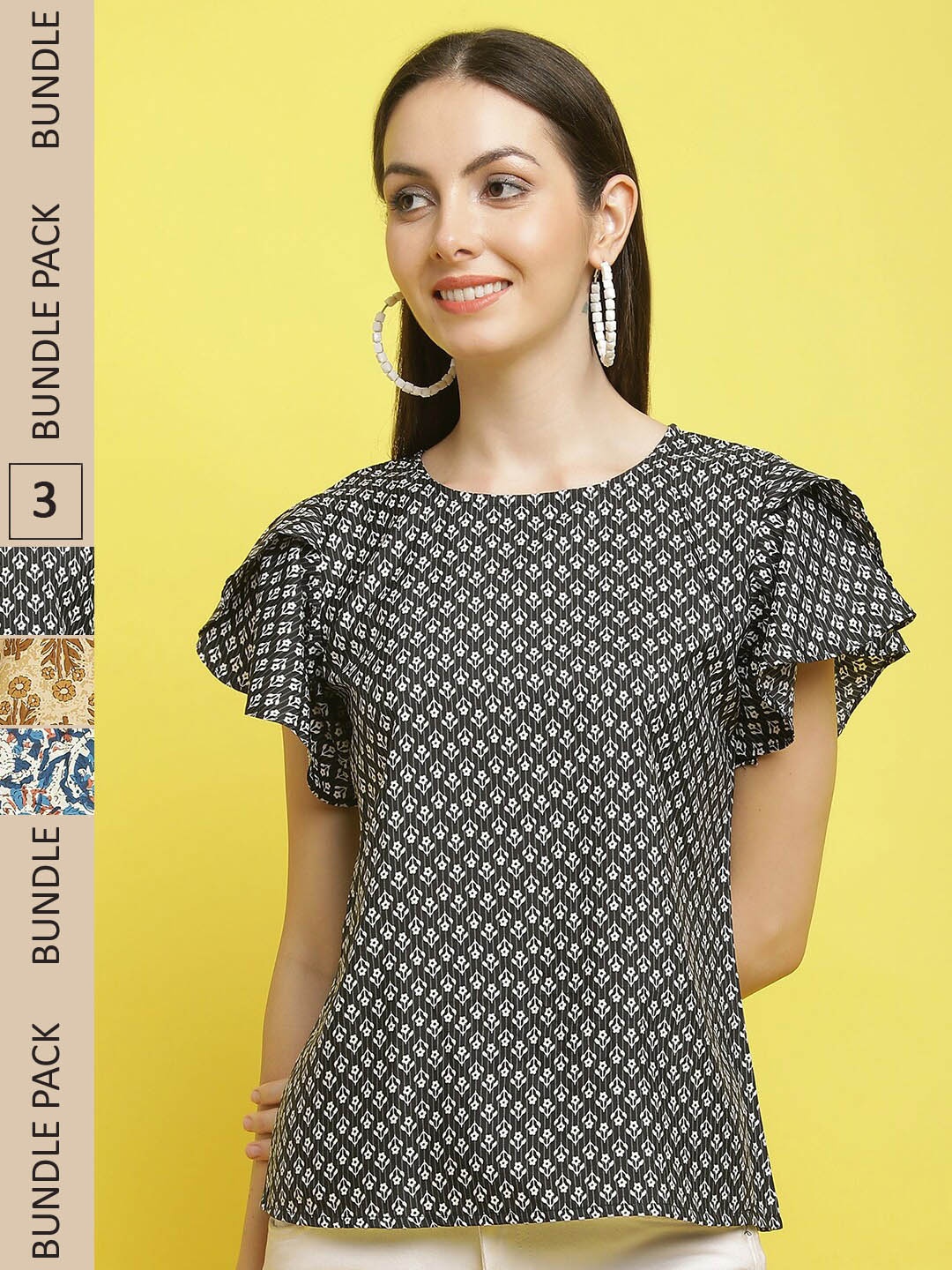 

Poshyaa Pack Of 3 Floral Printed Flutter Sleeve Top, Black