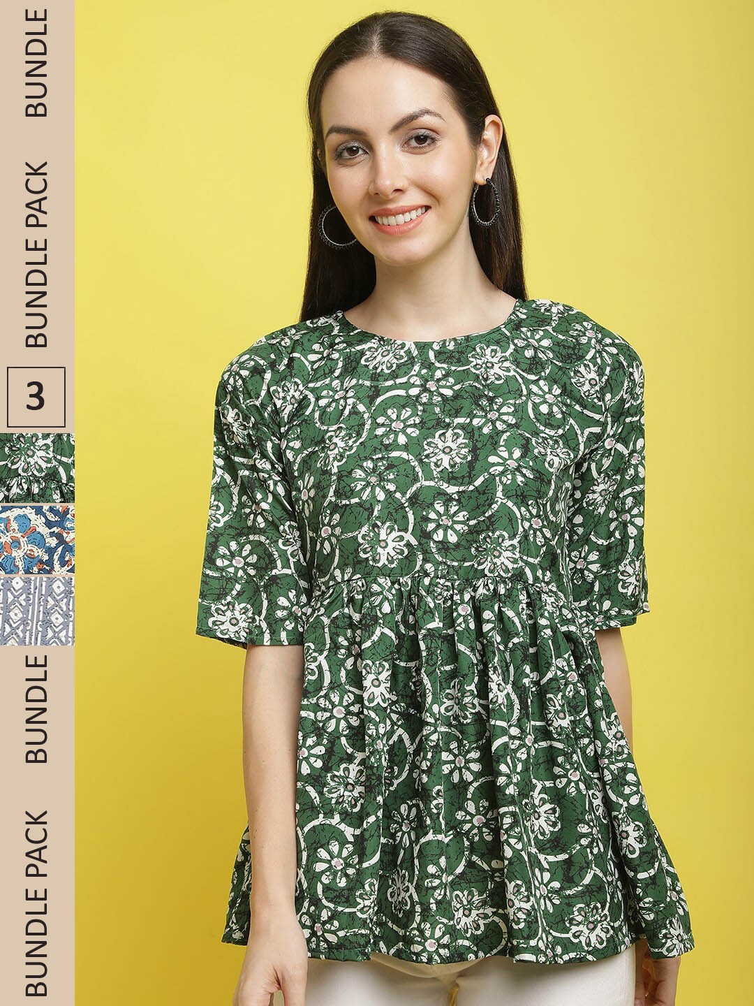 

Poshyaa Pack Of 3 Floral Print Flutter Sleeves Tops, Green