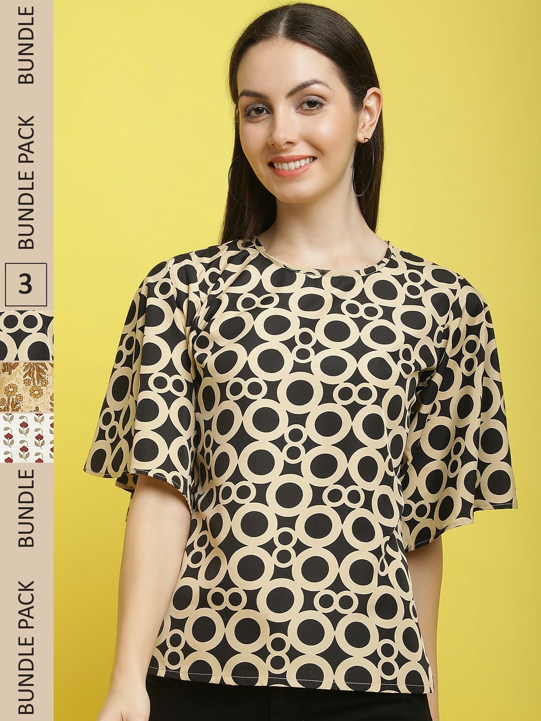 

Poshyaa Pack Of 3 Floral Print Crepe Top, Black