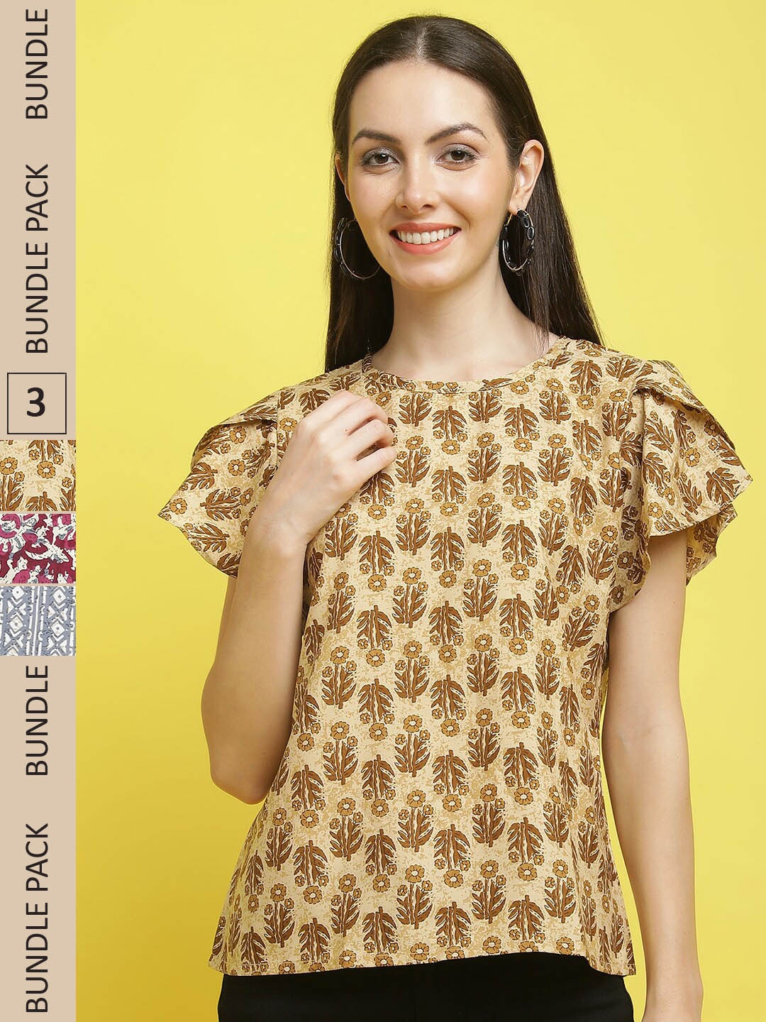 

Poshyaa Pack Of 3 Floral Printed Flared Sleeves Top, Yellow