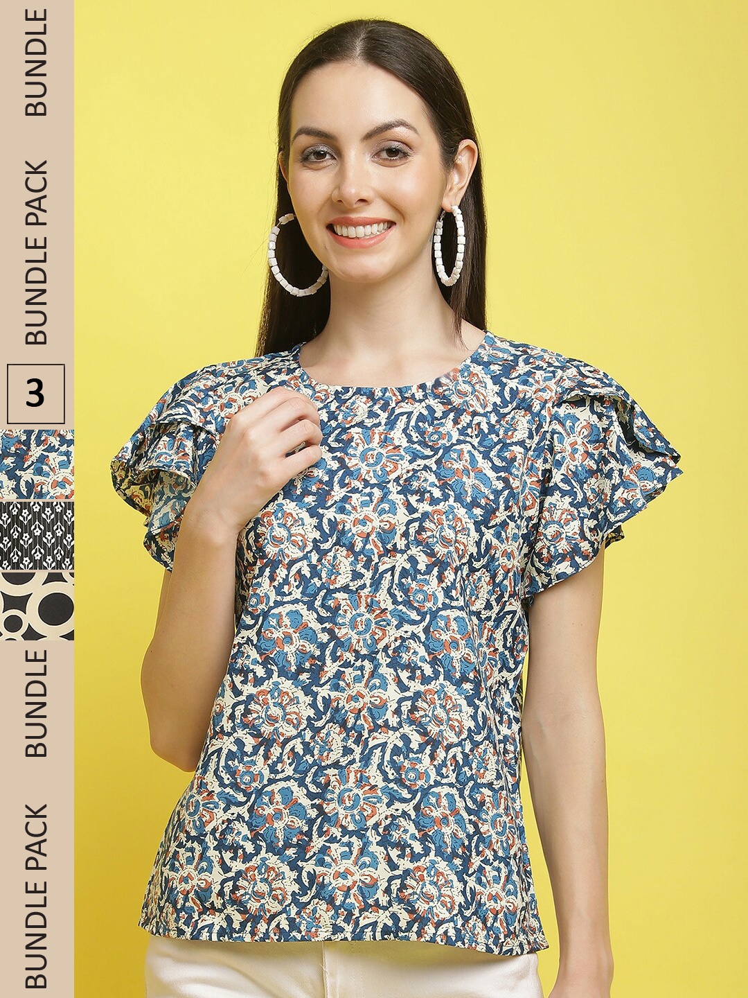 

Poshyaa Pack of 3 Printed Round Neck Tops, Blue