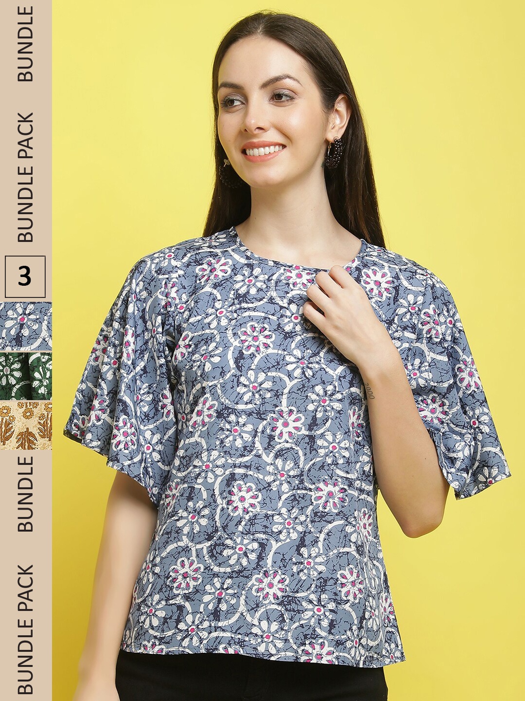

Poshyaa Pack Of 3 Floral Printed Flared Sleeves Top, Blue