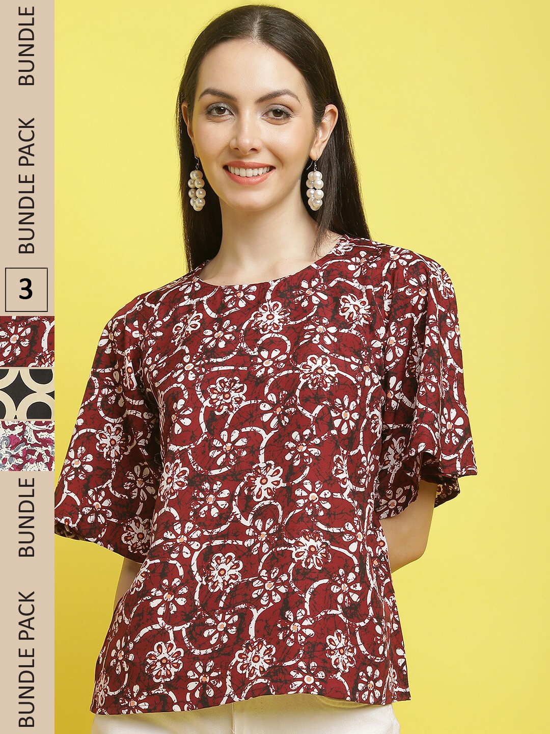 

Poshyaa Pack Of 3 Floral Printed Crepe Tops, Maroon