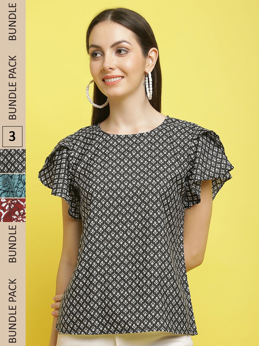 

Poshyaa Pack Of 3 Floral Printed Flutter Sleeves Top, Black