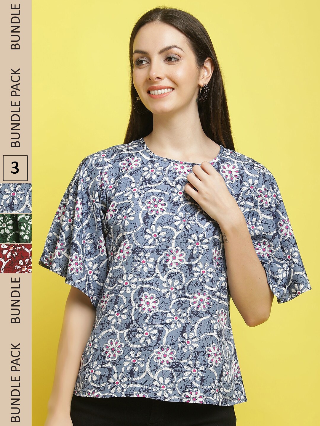 

Poshyaa Pack Of 3 Floral Printed Crepe Top, Blue