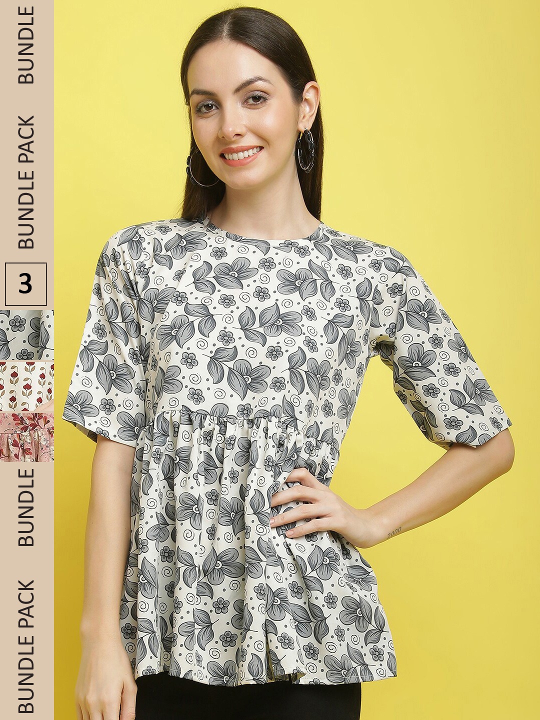 

Poshyaa Pack Of 3 Floral Print Crepe Top, White