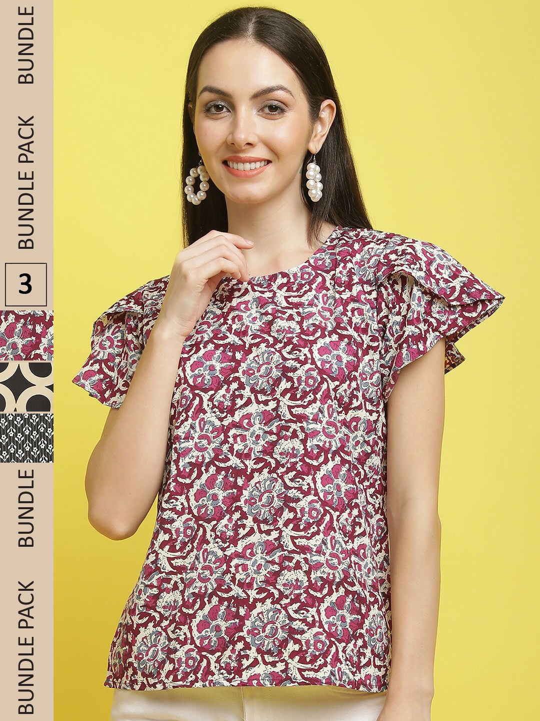 

Poshyaa Pack Of 3 Floral Printed Flutter Sleeve Regular Tops, Pink