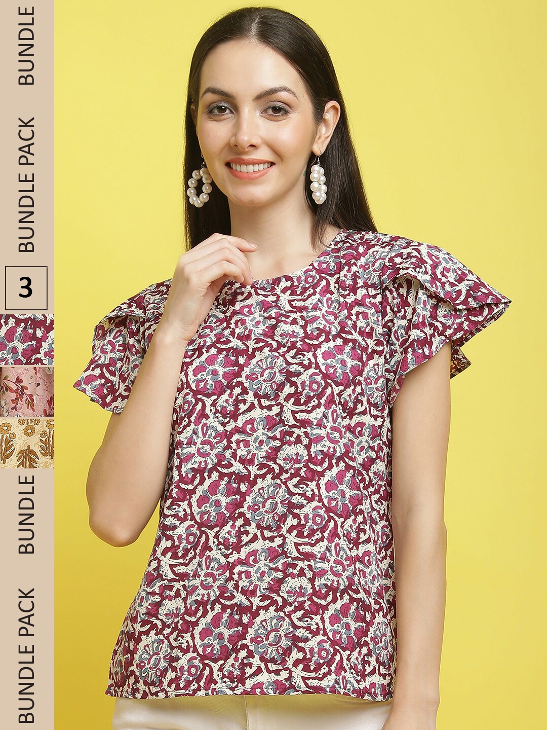 

Poshyaa Pack Of 3 Floral Printed Crepe Tops, Maroon