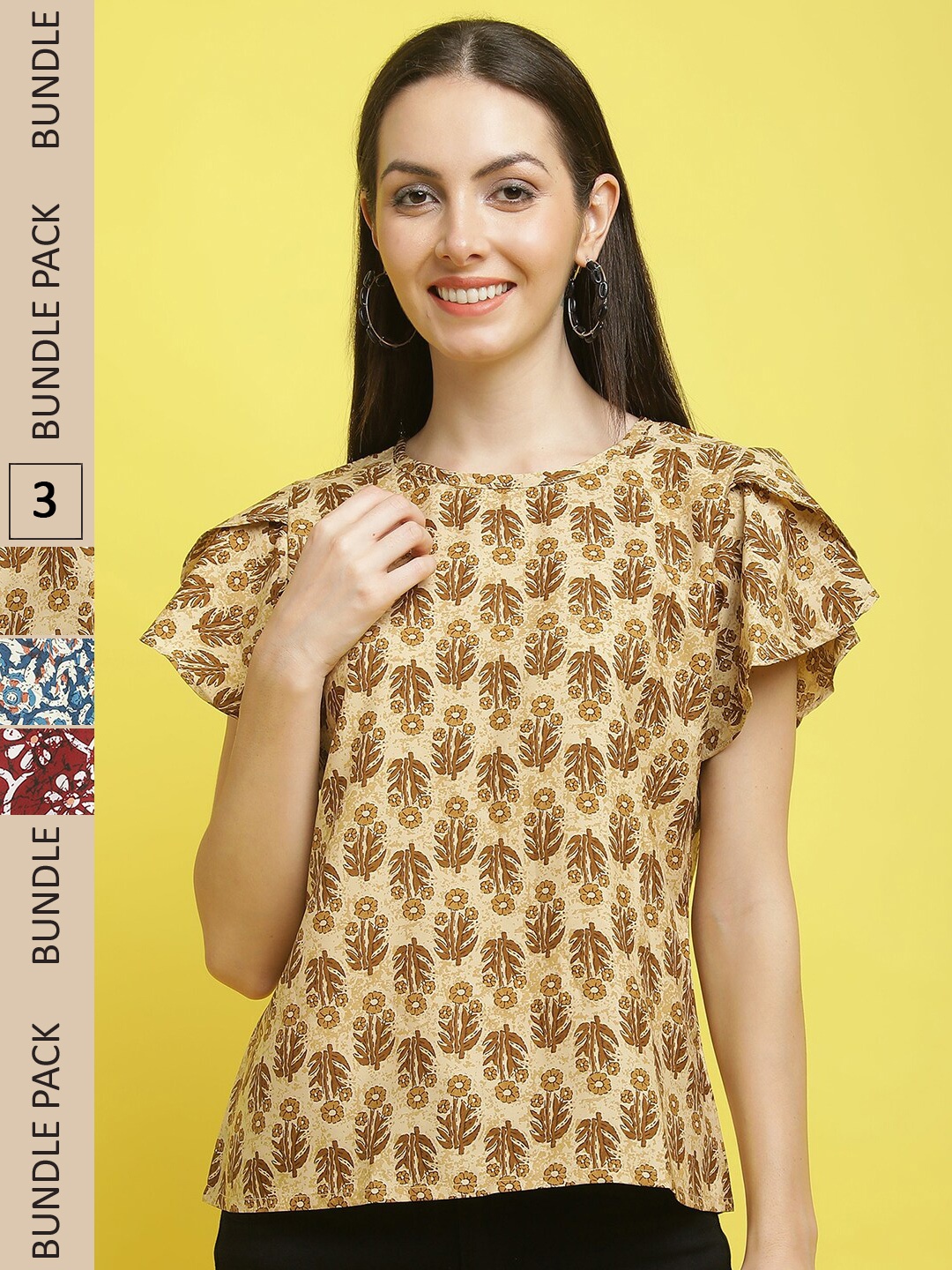 

Poshyaa Pack of 3 Floral Printed Crepe Top, Brown