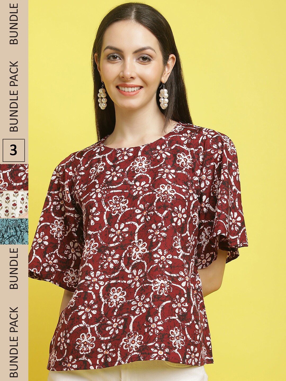 

Poshyaa Pack Of 3 Floral Printed Tops, Maroon