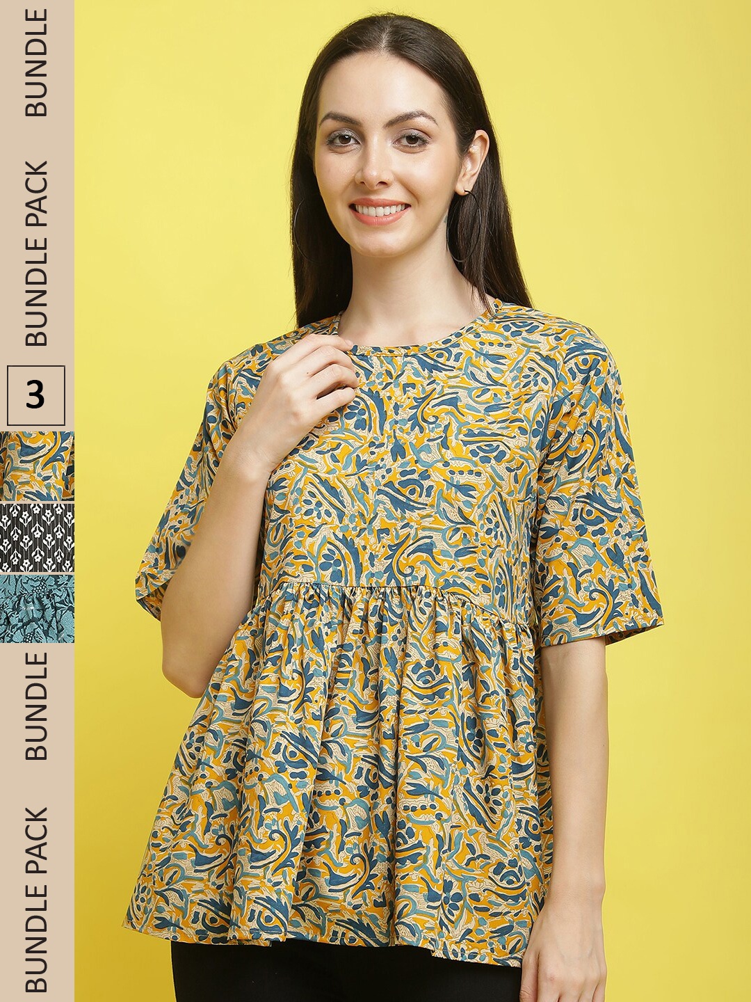 

Poshyaa Pack Of 3 Floral Print Crepe Empire Top, Yellow