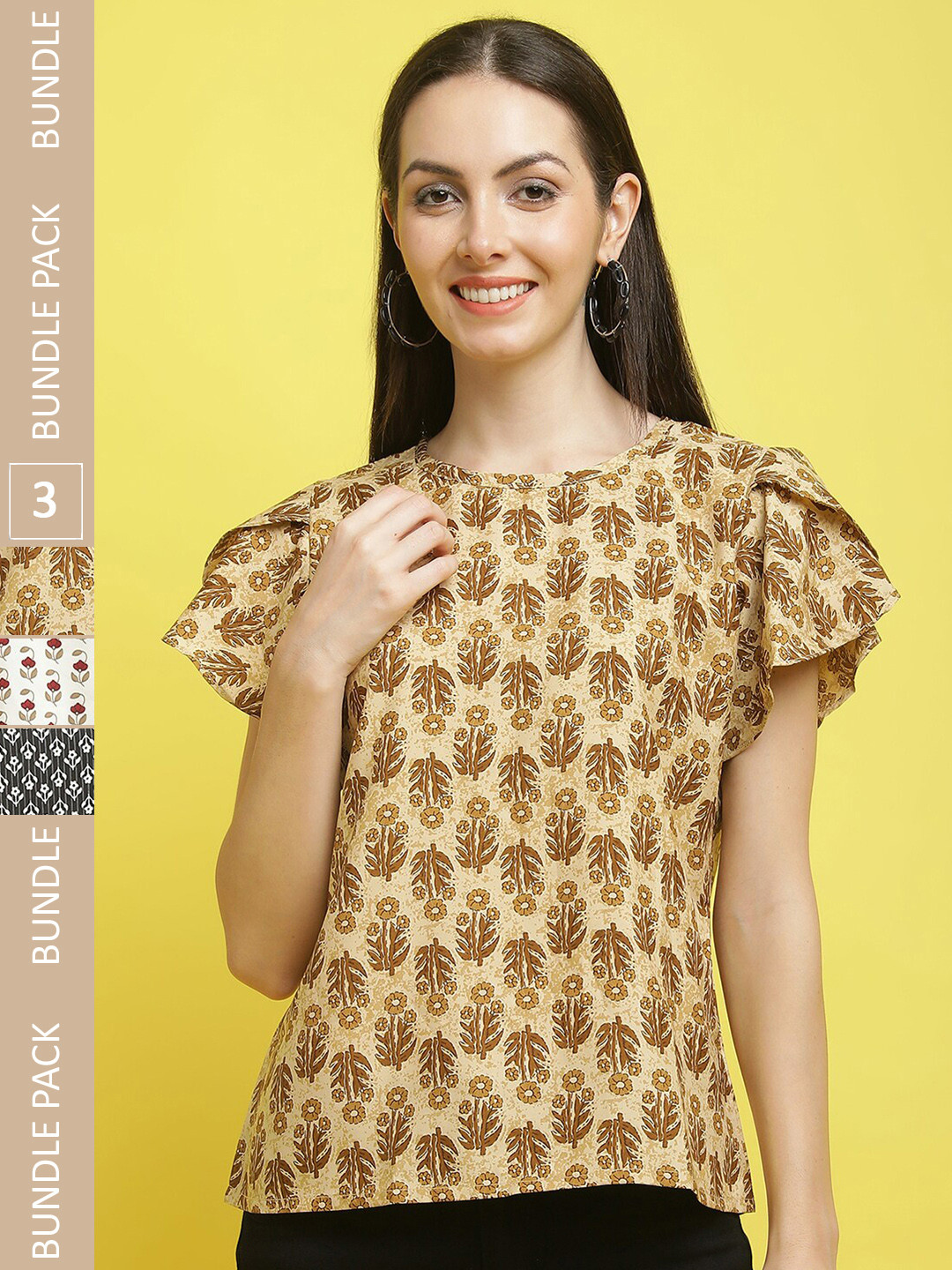 

Poshyaa Pack Of 3 Floral Printed Flutter Sleeves Top, Yellow
