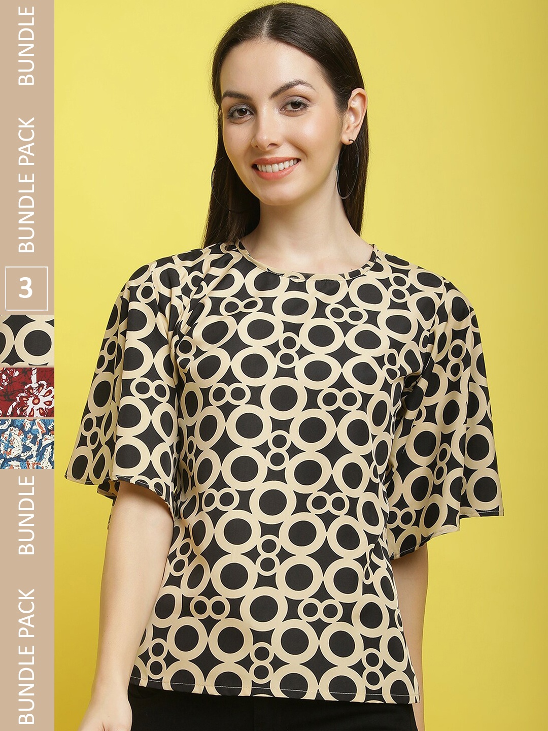 

Poshyaa Pack Of 3 Floral Print Crepe Top, Black