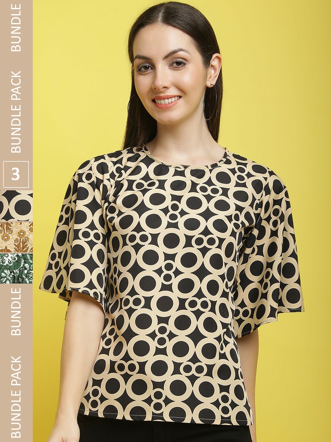 

Poshyaa Pack of 3 Printed Round Neck Tops, Black