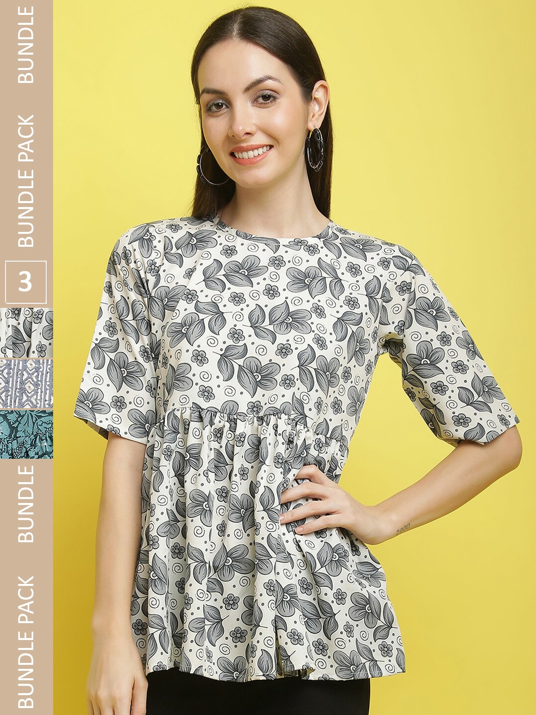 

Poshyaa Pack Of 3 Floral Printed Peplum Tops, White