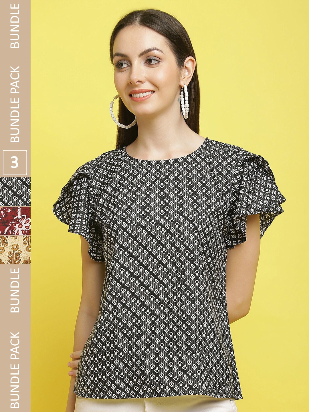 

Poshyaa Pack Of 3 Geometric Print Flutter Sleeve Crepe Top, Black