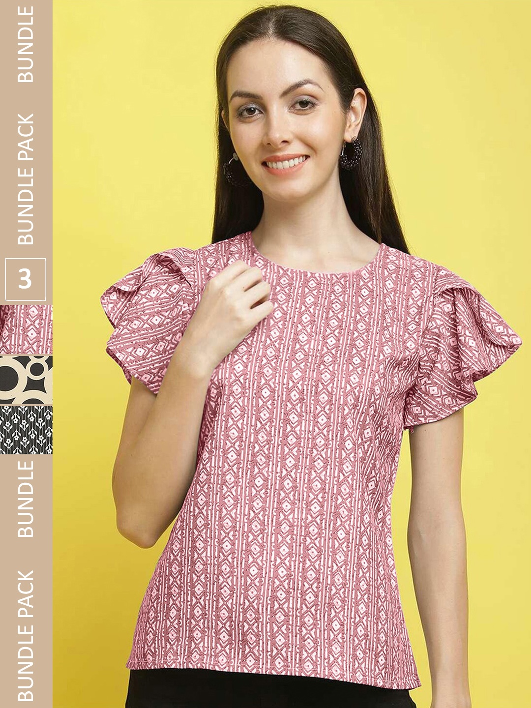 

Poshyaa Pack of 3 Printed Round Neck Tops, Pink