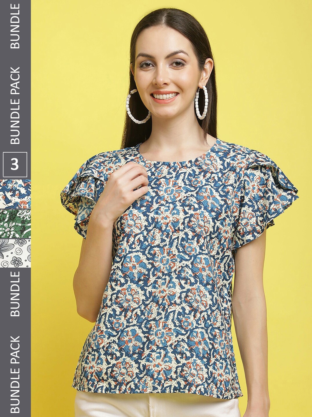 

Poshyaa Pack Of 3 Floral Printed Crepe Top, Blue