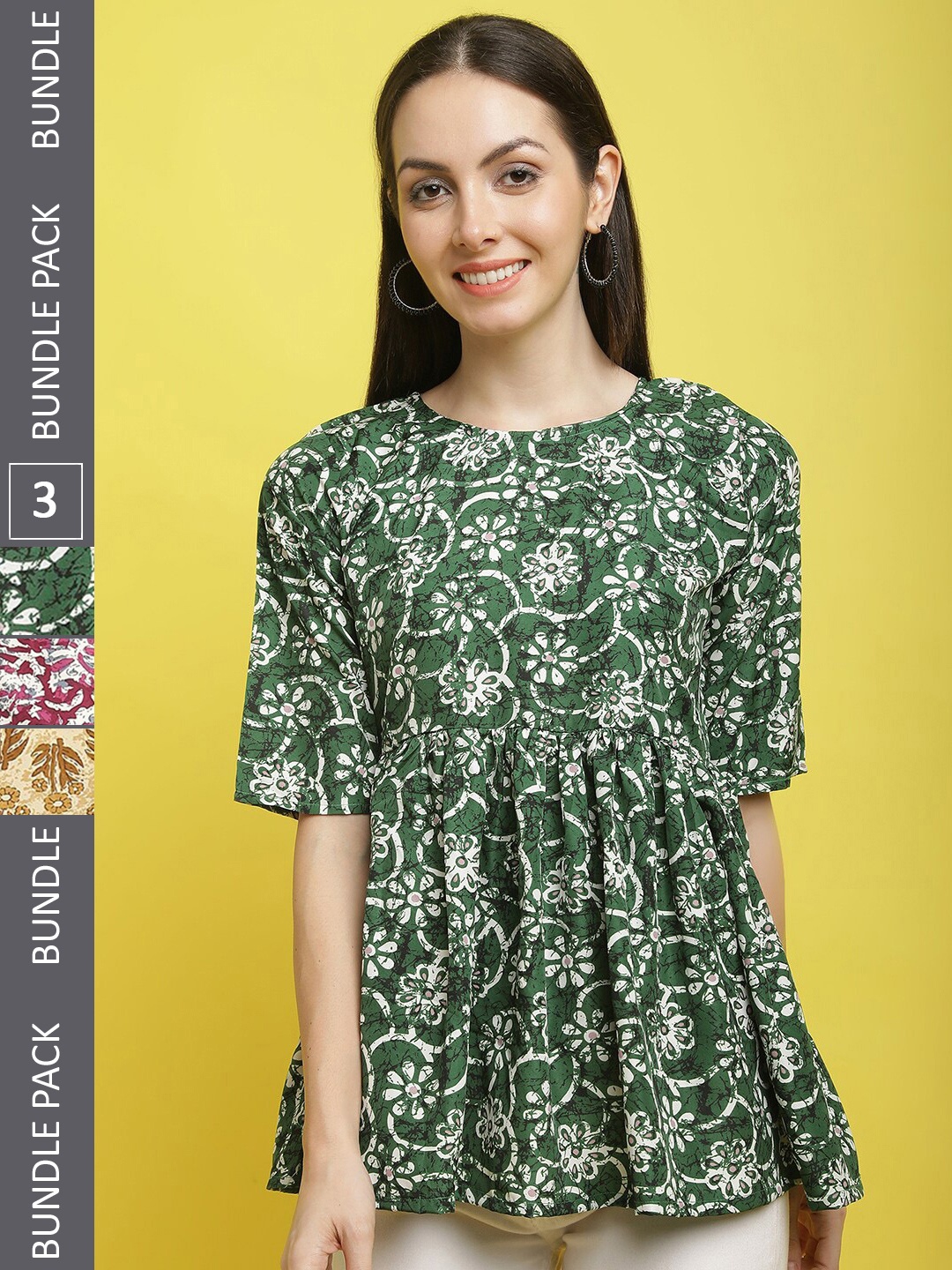 

Poshyaa Pack Of 3 Floral Printed Peplum Tops, Green