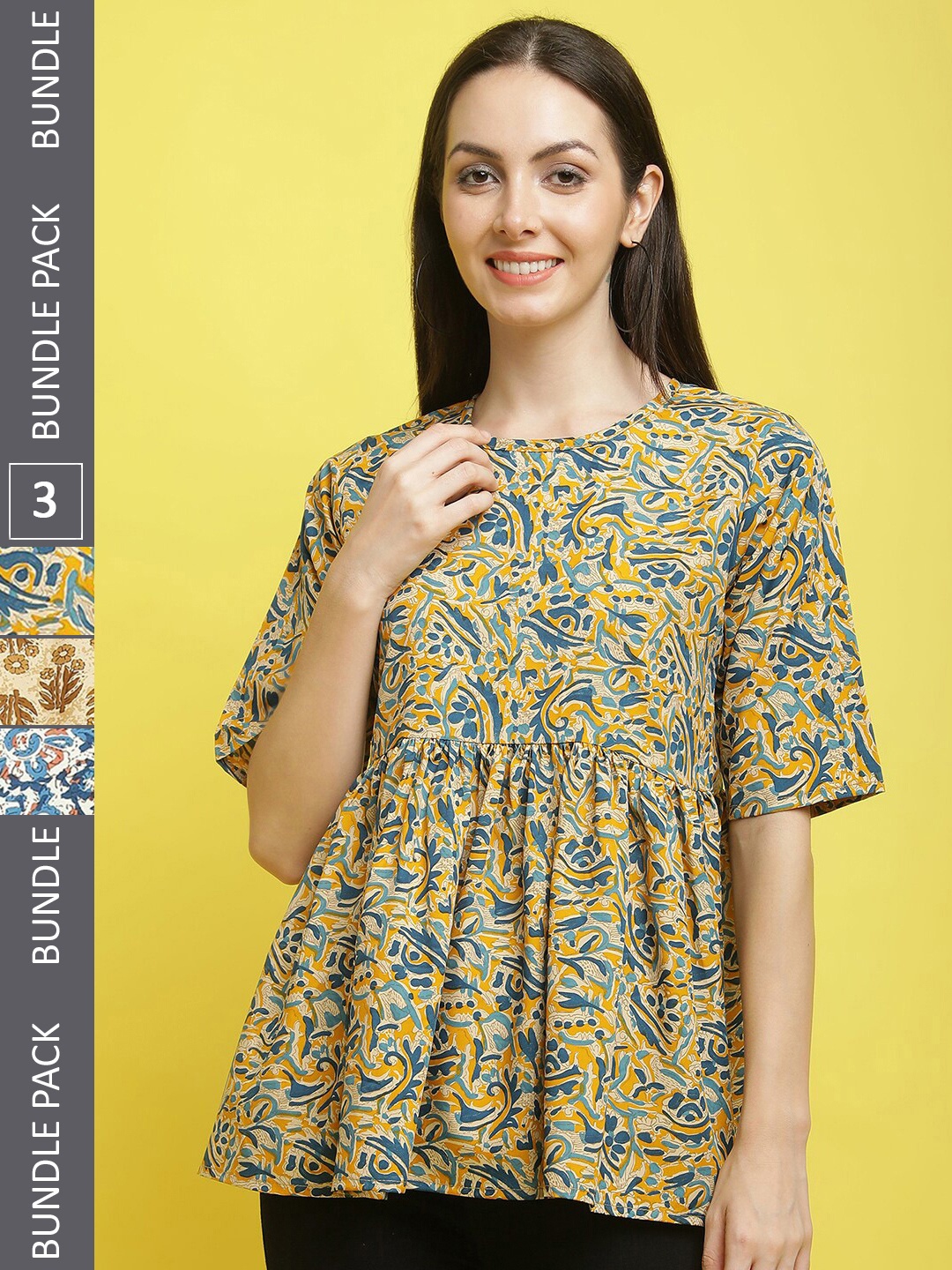 

Poshyaa Pack Of 3 Floral Printed Crepe Empire Top, Yellow