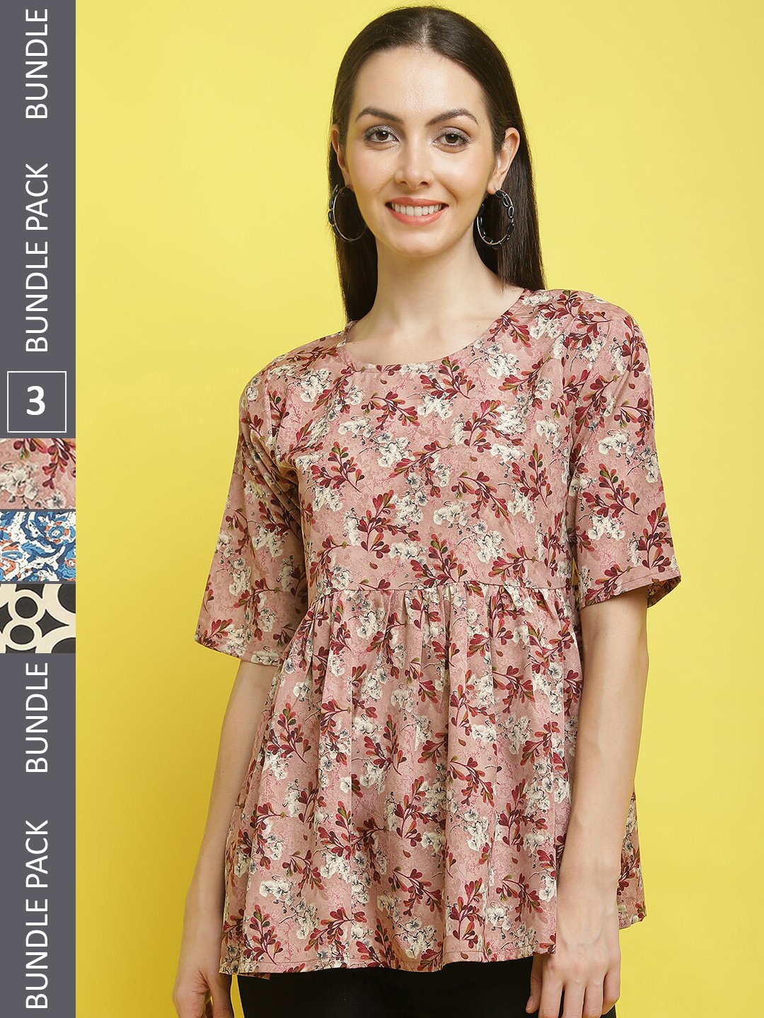 

Poshyaa Pack Of 3 Floral Printed Tops, Pink