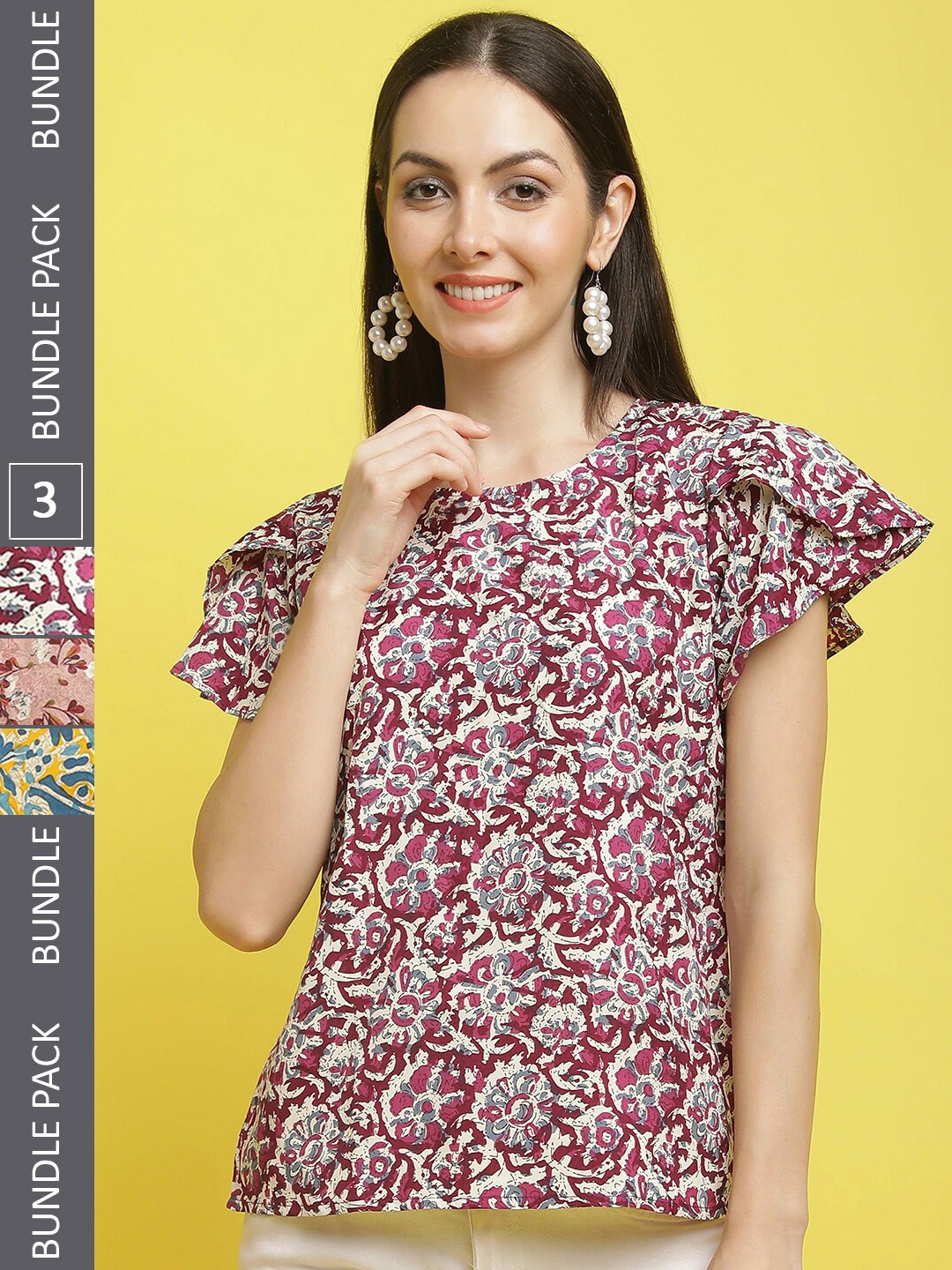 

Poshyaa Pack Of 3 Floral Printed Crepe Top, Red