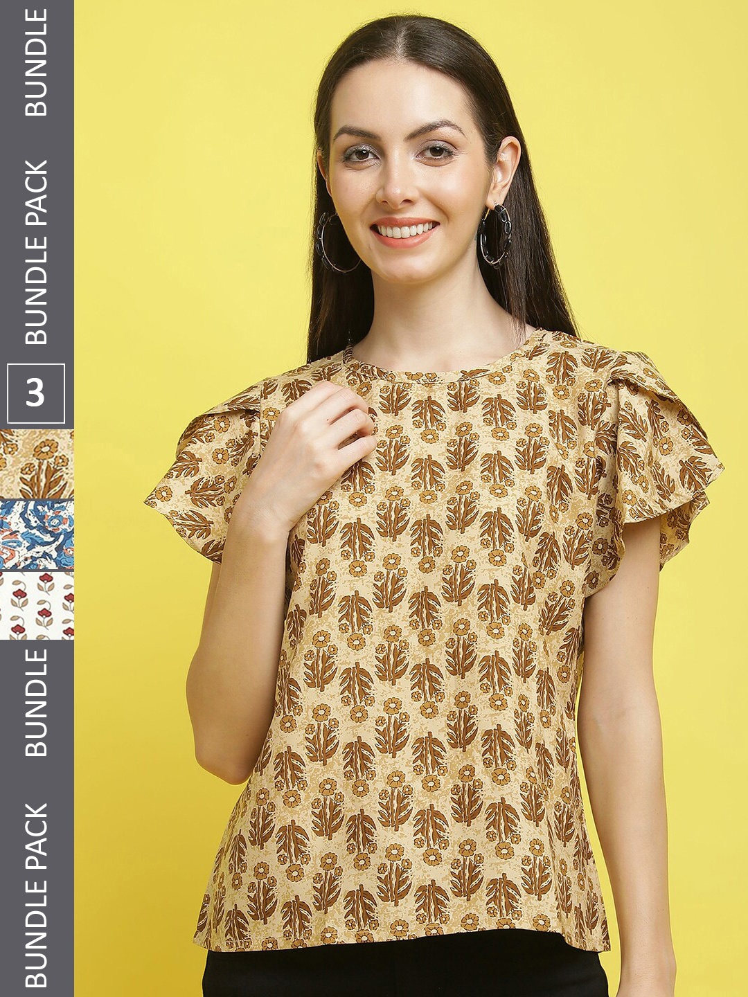 

Poshyaa Pack Of 3 Floral Printed Crepe Top, Mustard