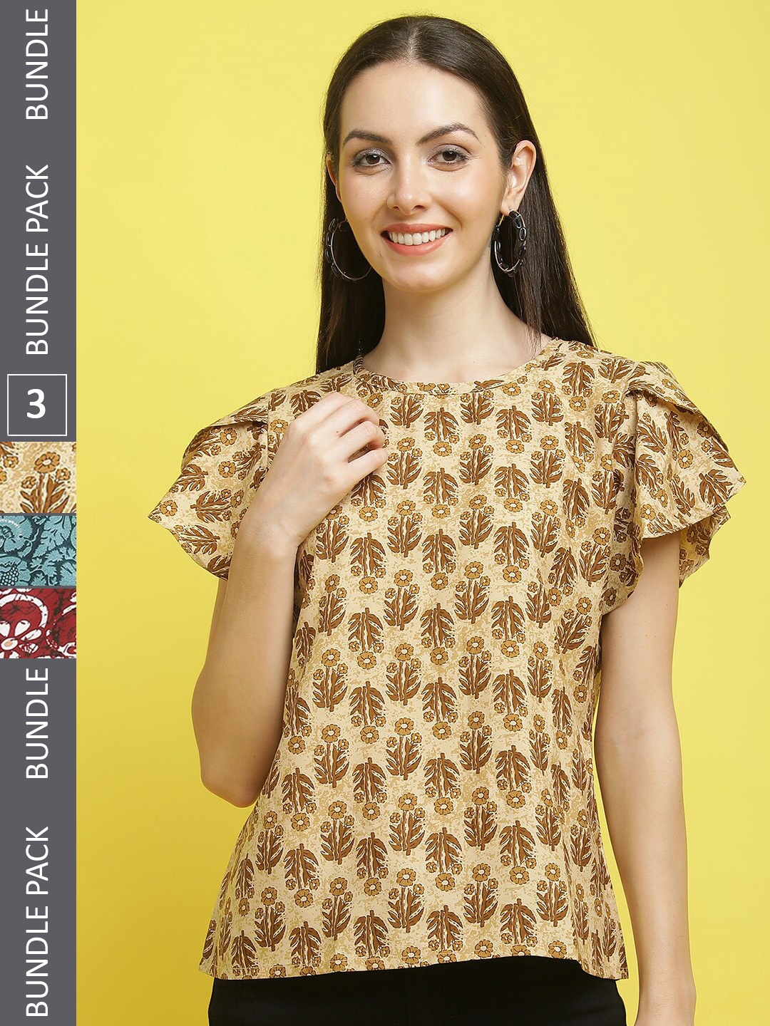 

Poshyaa Pack Of 3 Floral Printed Flared Sleeve Crepe Tops, Beige