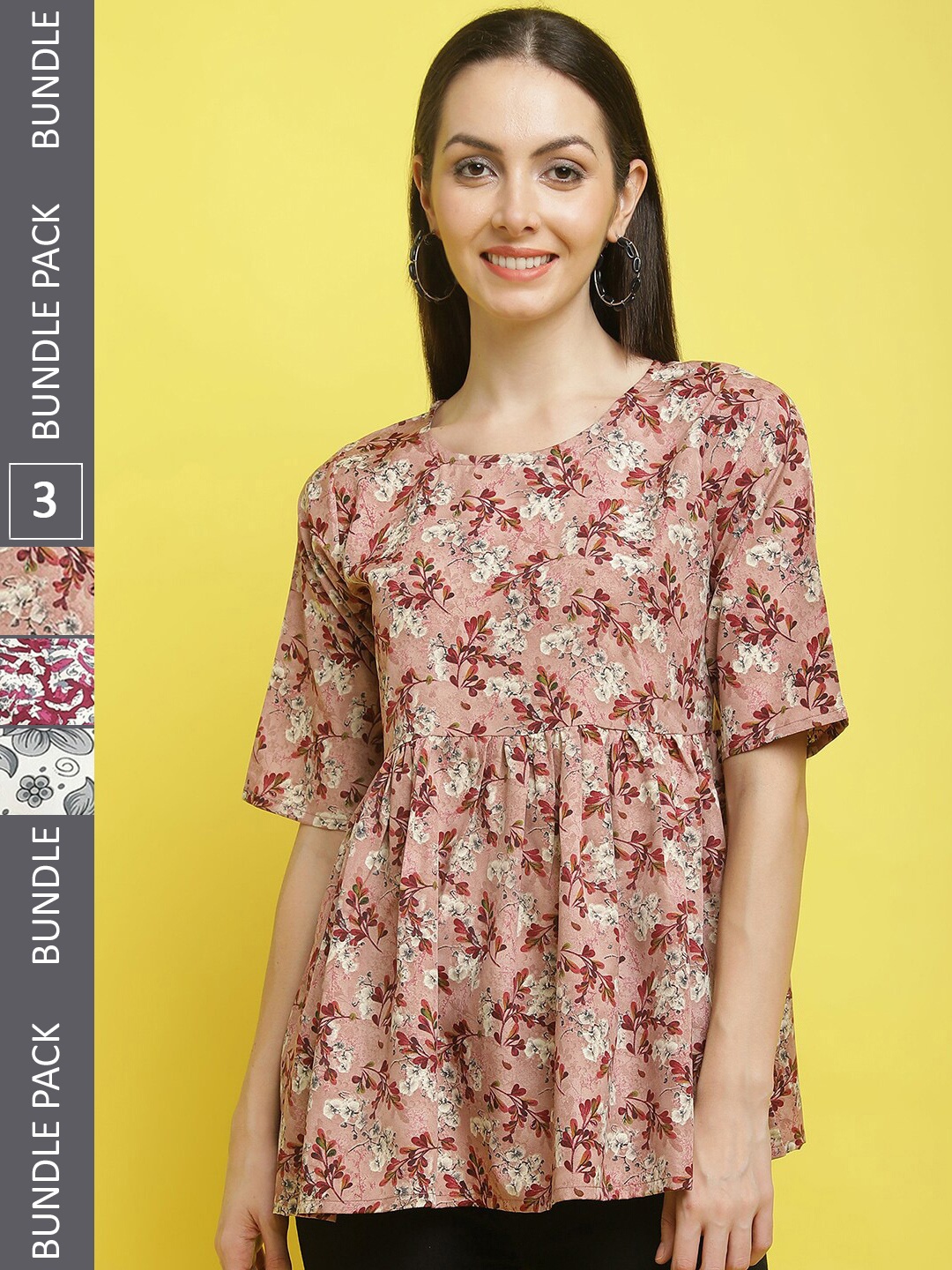 

Poshyaa Pack Of 3 Floral Printed Tops, Peach