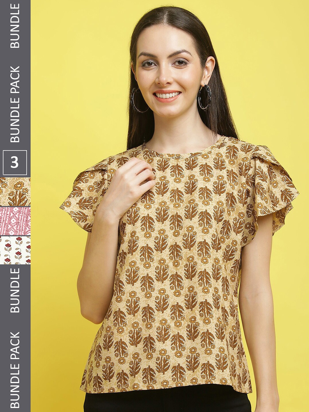 

Poshyaa Pack Of 3 Floral Print Flutter Sleeves Tops, Beige