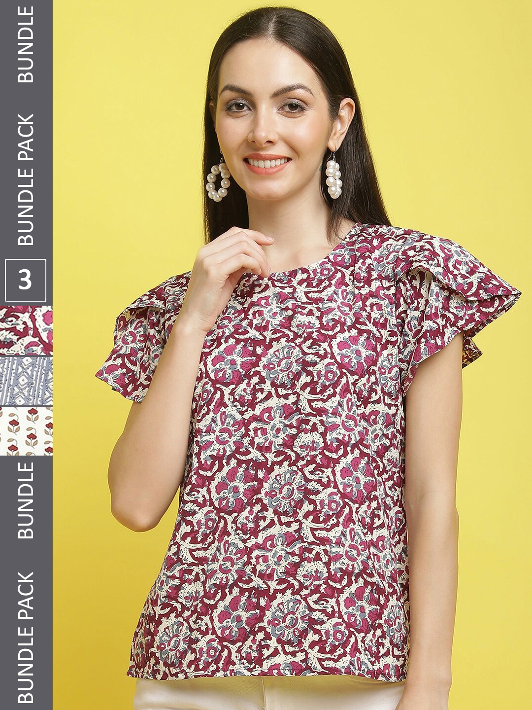

Poshyaa Pack Of 3 Floral Printed Flutter Sleeves Top, Cream