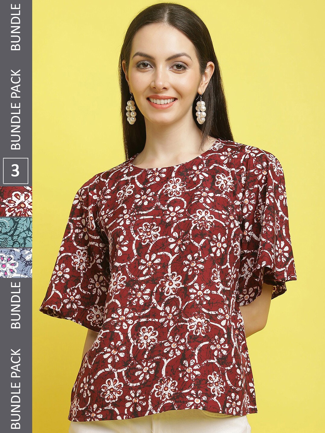 

Poshyaa Pack Of 3 Floral Print Flared Sleeves Tops, Maroon