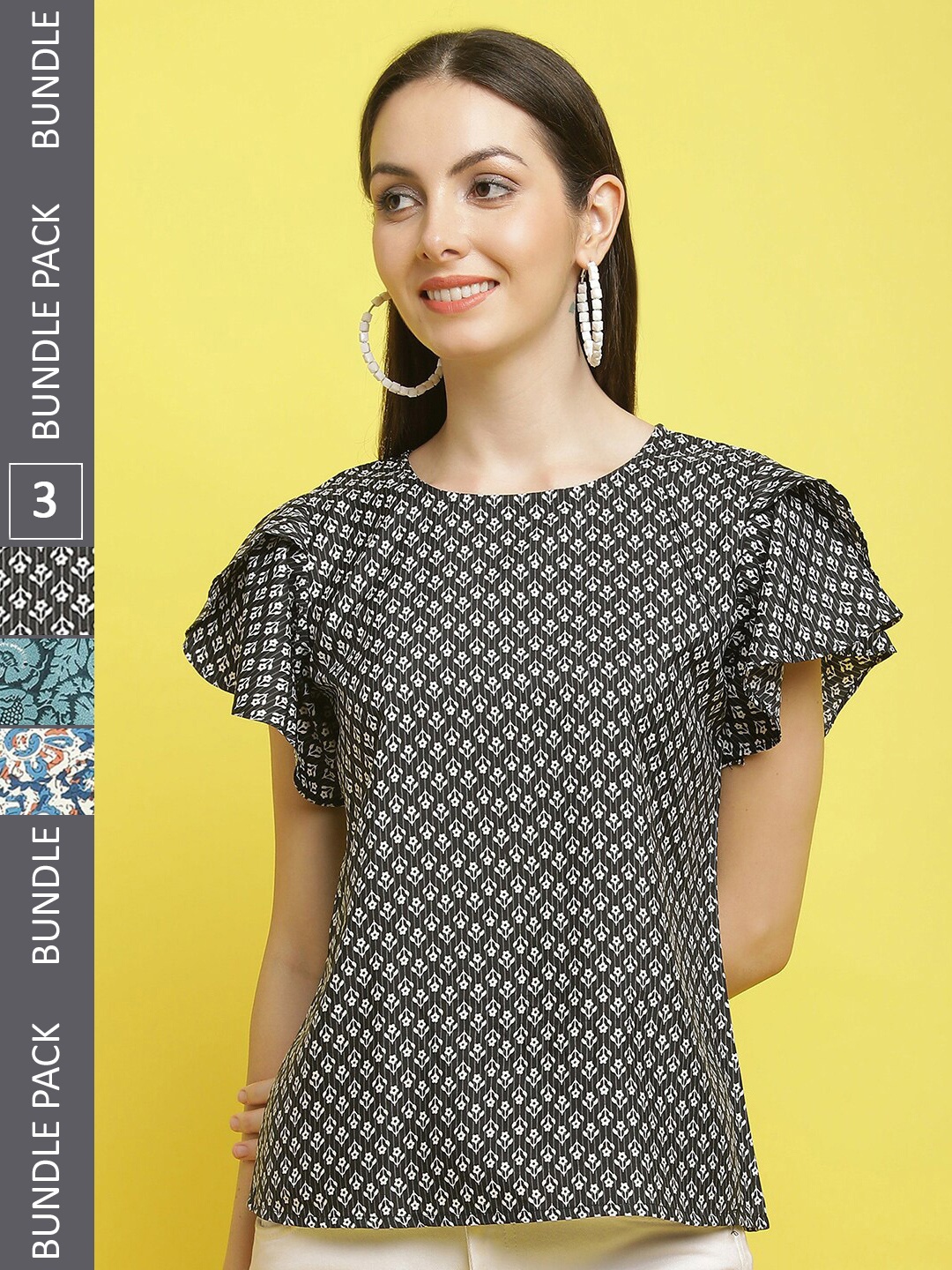 

Poshyaa Pack of 3 Floral Printed Crepe Top, Black