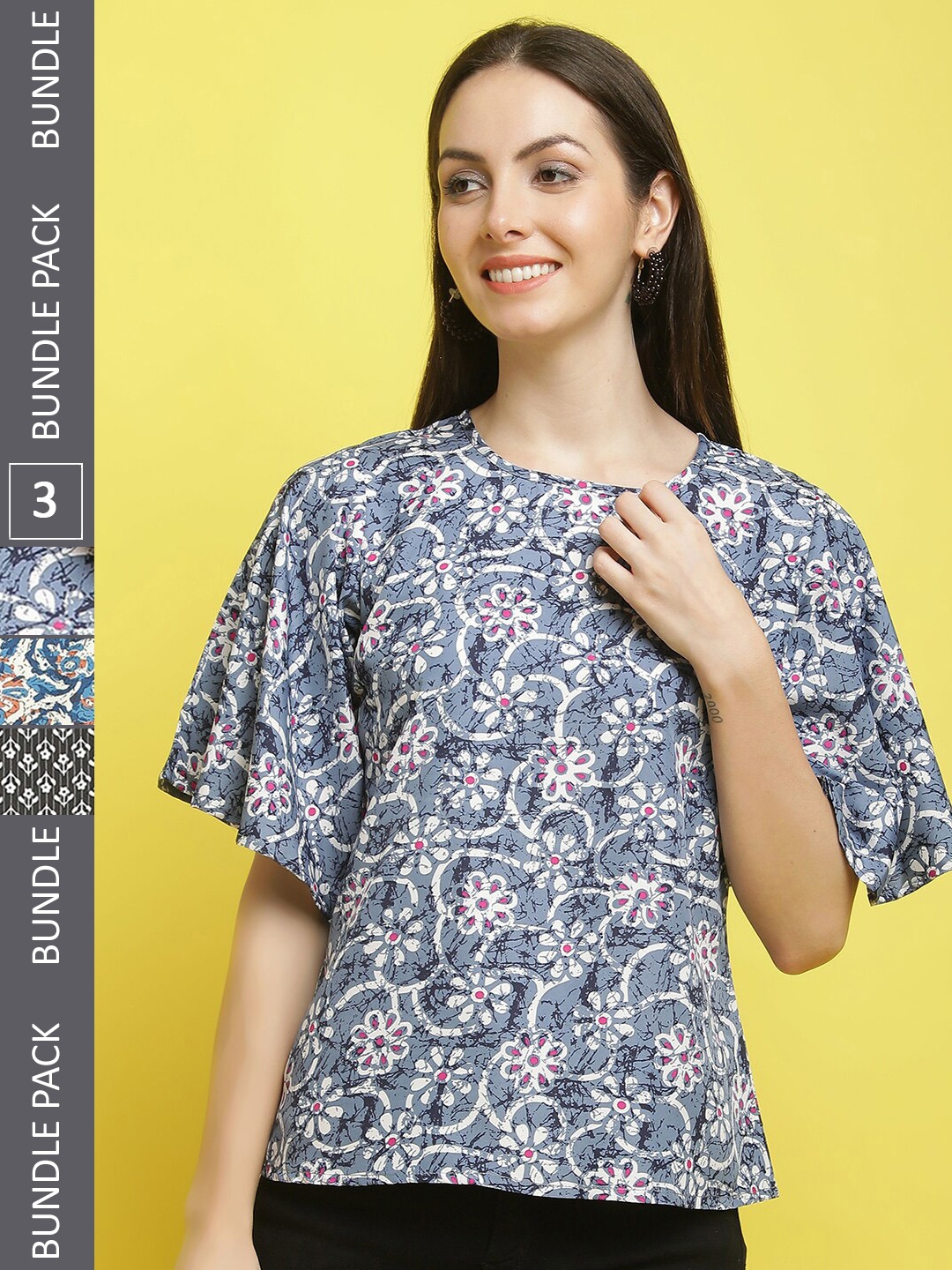 

Poshyaa Pack Of 3 Floral Printed Flared Sleeves Top, Blue