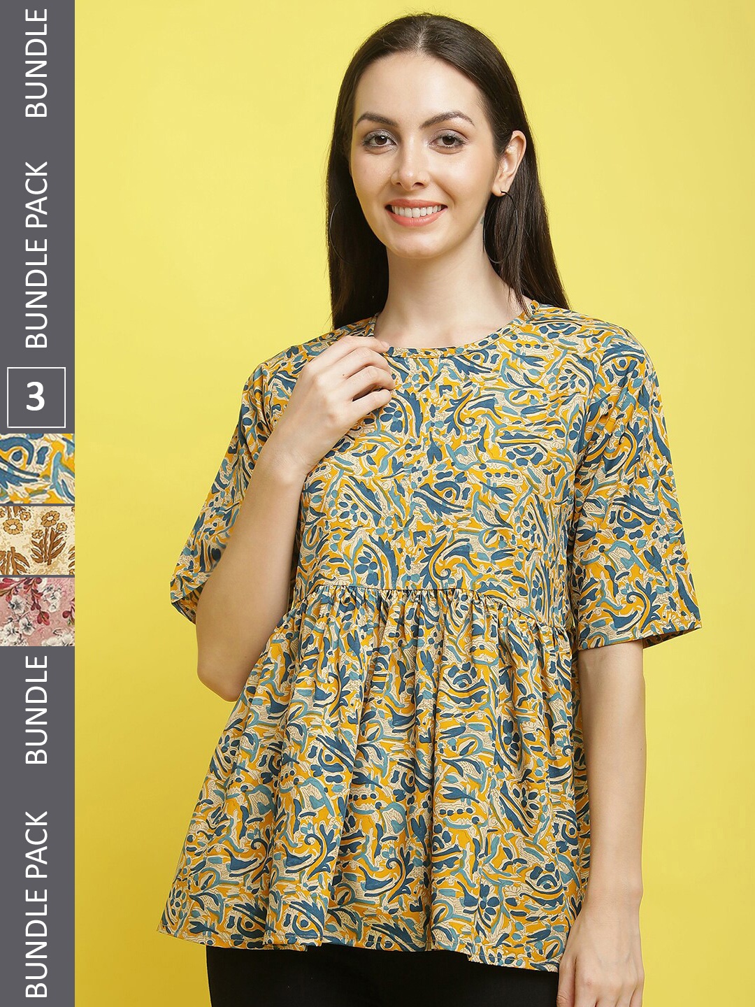 

Poshyaa Pack Of 3 Floral Printed Crepe Tops, Yellow