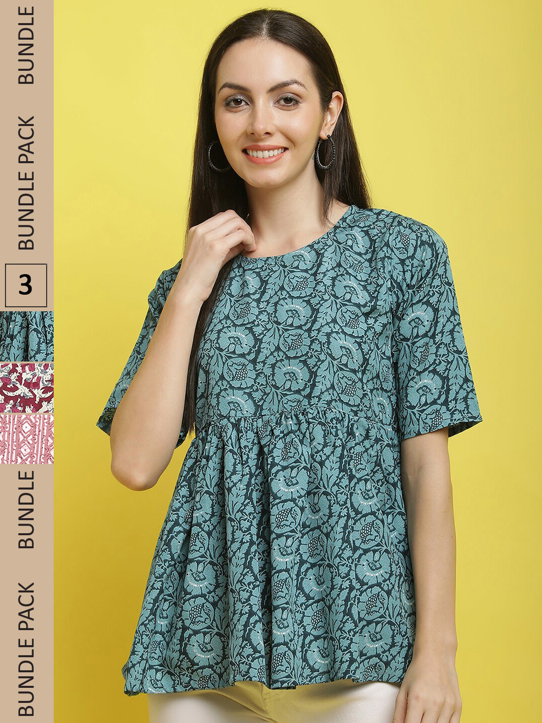 

Poshyaa Pack Of 3 Floral Printed Tops, Teal