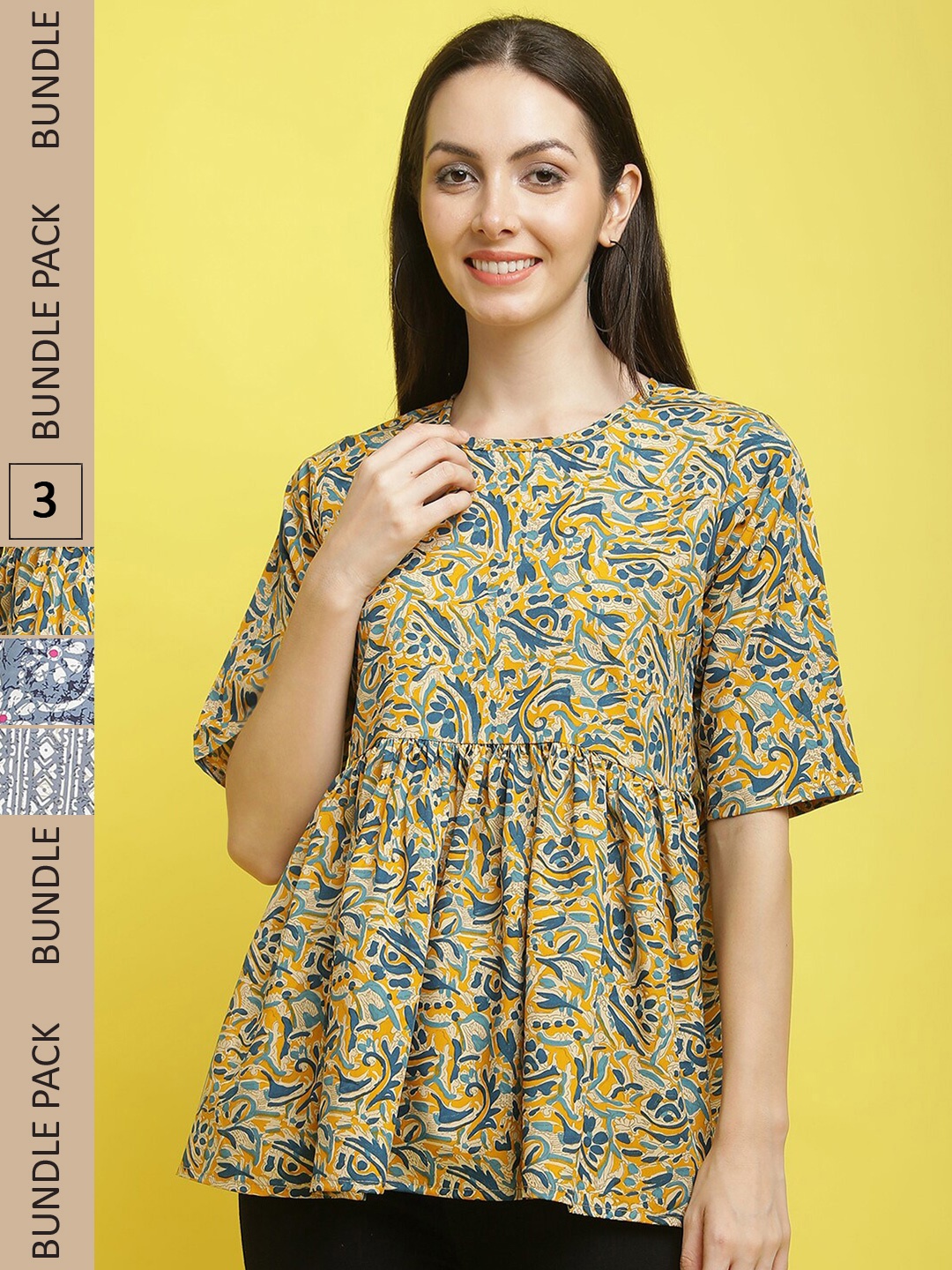 

Poshyaa Pack Of 3 Floral Printed Peplum Tops, Mustard