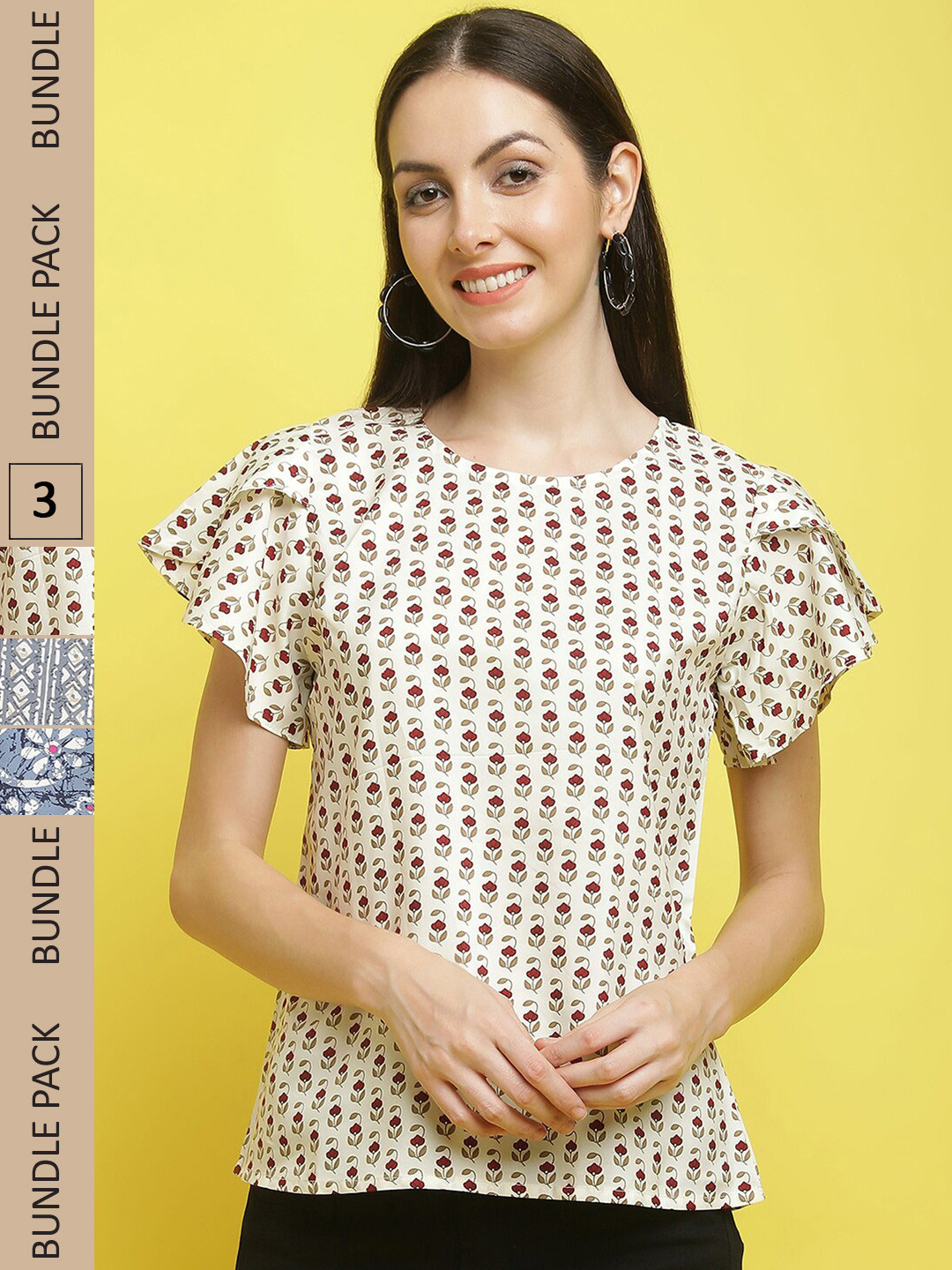 

Poshyaa Pack Of 3 Floral Printed Crepe Tops, Cream