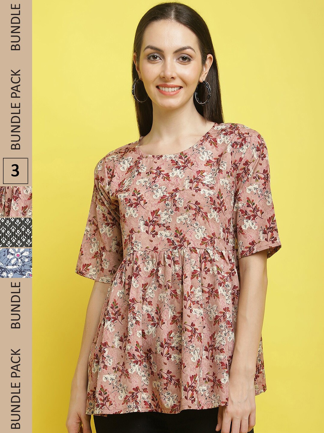 

Poshyaa Pack Of 3 Floral Print Flared Sleeve Tops, Peach