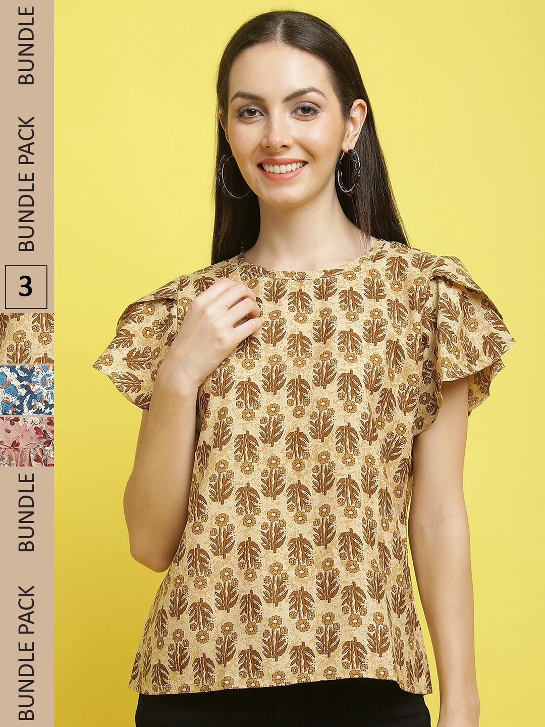

Poshyaa Pack Of 3 Floral Printed Crepe Tops, Brown